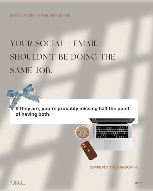 SAVE this before you plan another month of social + email content. 🫶
 
Your social media and email shouldn’t be doing the same job.
🤳 Social helps the right people find you, understand you, and get interested. 💌 Email helps you keep the conversation going until they’re ready to take the next step.

When they’re planned together, you stop creating random content just because “welp, we should probably post something.” 

Every piece has a job. That’s strategy.

💬 Comment “STRATEGY” if you want DBQ to help connect the pieces. 

P.S. - I made this carousel using @claudeai Want to see more of how I’m actually using Claude behind the scenes at DBQ? Let me know below. 🤭
.
.
.
#DigitalBlissQueen #DBQMarketing 
🏷️ small business marketing, social media strategy, email marketing strategy, content strategy, AI for small business, marketing agency